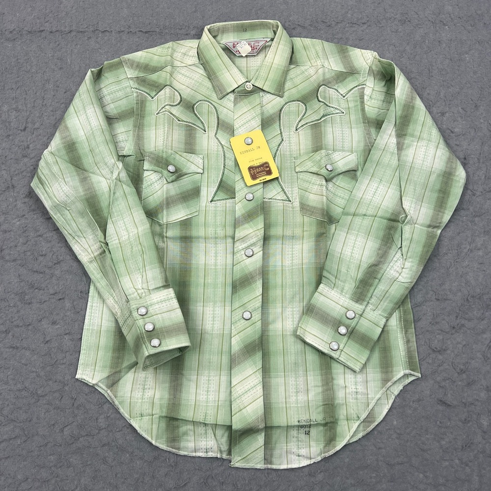 VTG H Bar C Shirt Boys 12 Green Plaid Western Pearl Snap Deadstock USA‎ Made 70s